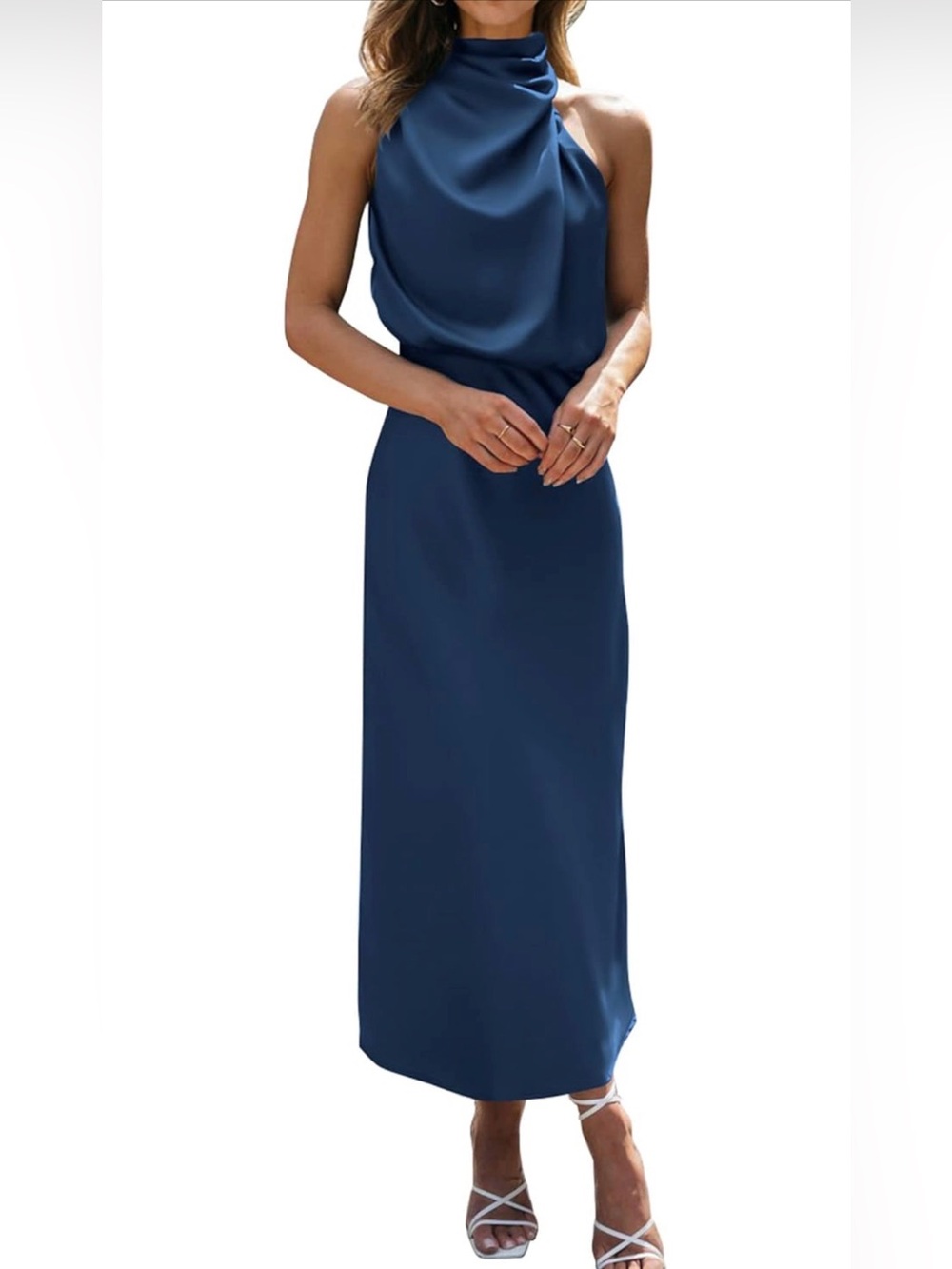 Sleeveless Midi Dress in Dark Blue with Draped Neckline NWT